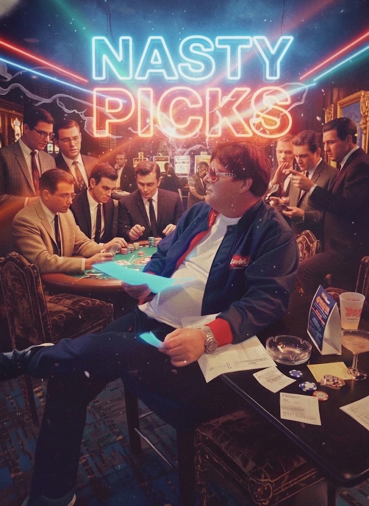 Buck Nasty at the table under the Nasty Picks sign
